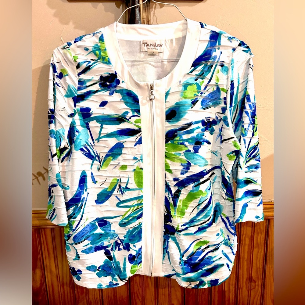 TanJay Colorful Floral Jacket or Blouse Zip Front. 3/4 sleeves Petite M